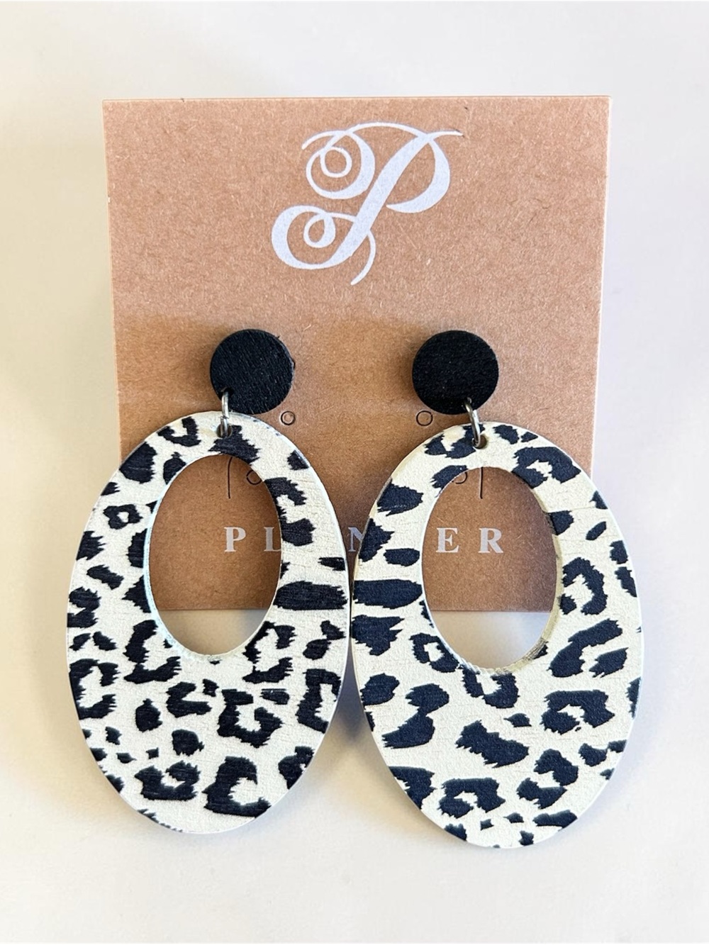 Plunder Leopard Design Black & White Oval Earrings NWT